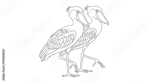 Shoebill Stroll: A stylized illustration presents two elegant shoebill storks engaged in a synchronized stroll, their distinctive silhouette and posture rendered in detailed line art. 