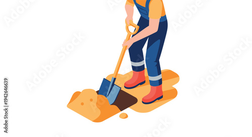 Worker digging action in isometric style with shovel and boots