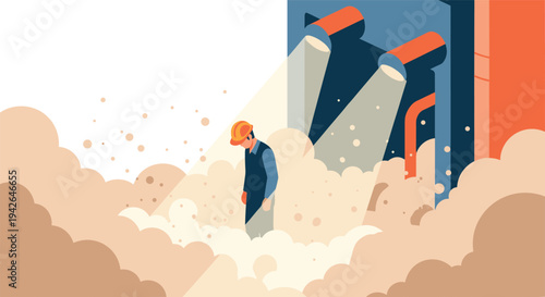 Worker standing amidst smoke with bright lights in minimalistic style