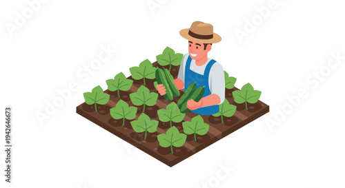 Isometric farmer harvesting cucumbers in garden plot with lush greenery