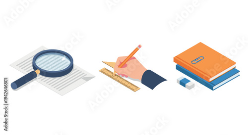Isometric office tools: magnifying glass, writing hand, stationery