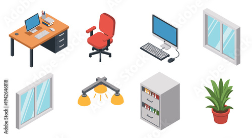 Isometric office elements collection with desk, chair, computer, and indoor plant