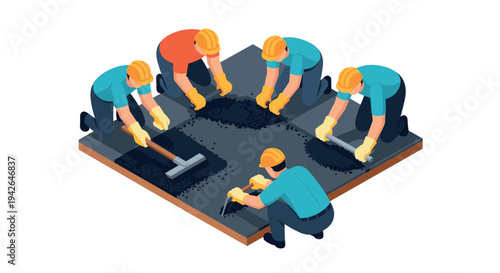 Construction workers collaborating on road maintenance in isometric style