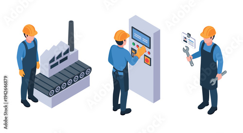 Isometric factory workers operating control panel and conveyor system
