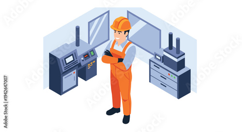 Isometric factory worker in control room with machinery and equipment