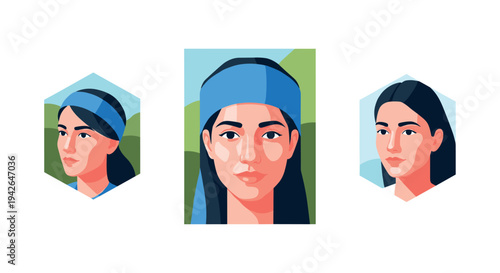 Colorful geometric portrait set featuring woman in modern abstract style