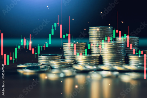 Stacks of coins with stock market candlestick chart illustrate financial trading, investment strategy, market volatility, profit potential, and wealth creation in modern global financial markets.