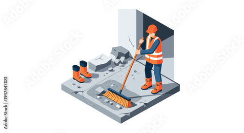 Construction worker sweeping debris in safety gear on site