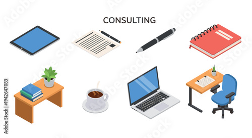 Isometric office setup with laptop, tablet, and stationery for consulting