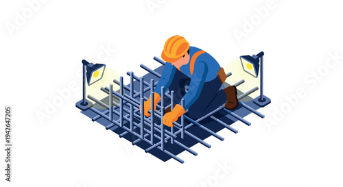 Isometric construction worker in hardhat installing steel rebar