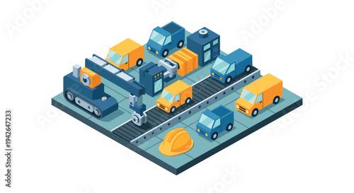 Isometric factory assembly line with colorful trucks and machinery components