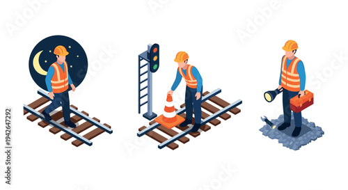 Isometric construction workers on railroad at night