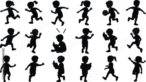 Children silhouettes set featuring boys and girls running playing reading and holding ball isolated vector collection for education and activity design