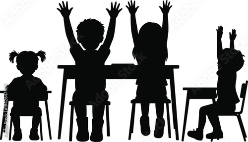 Children sitting at school desks raising hands silhouette isolated on white background, classroom education and learning concept vector illustration