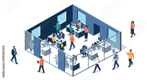 Modern isometric office scene with coworkers and open plan design