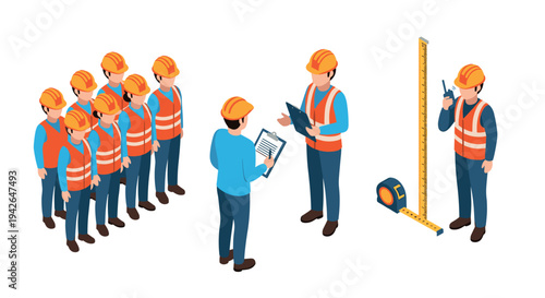 Construction crew working together in isometric style for safety and planning