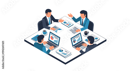 Business meeting in isometric style: team collaboration and data analysis