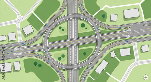 Aerial View of a Complex Highway Interchange with Roundabout.