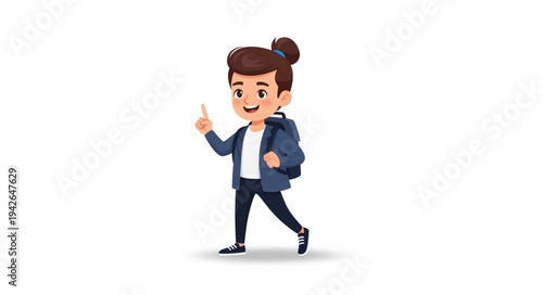 Cartoon Woman Walking with Backpack.