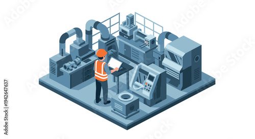 Isometric factory automation with worker operating industrial machines in modern manufacturing