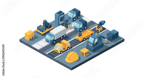 Isometric industrial vehicles and equipment scene with construction machinery
