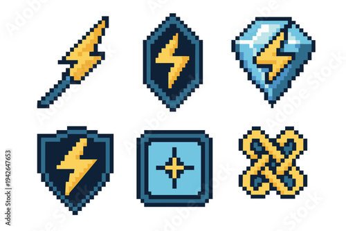 Pixel art game icons set featuring various power-ups, energy symbols, protective shields, and fantasy elements for retro gaming projects and digital design assets.