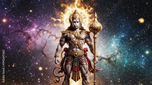 Lord hanuman meditates holding his gada in a serene cosmic digital art illustration for hanuman jayanti.