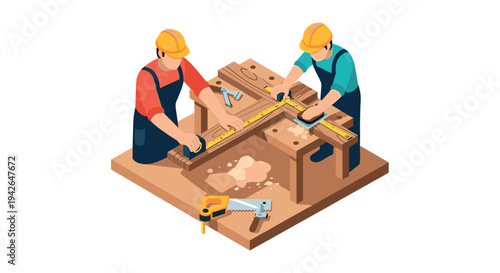 Isometric woodworking craftsmen in workshop setting with tools