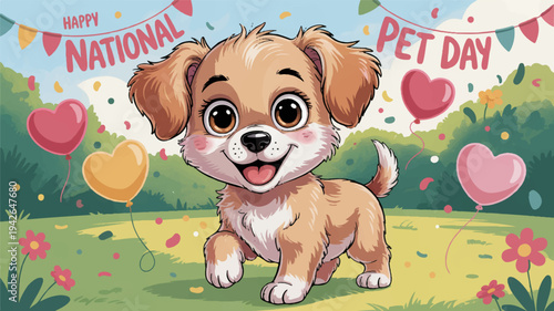 Cute dog celebrates happy national pet day with colorful balloons and hearts in a sunny park