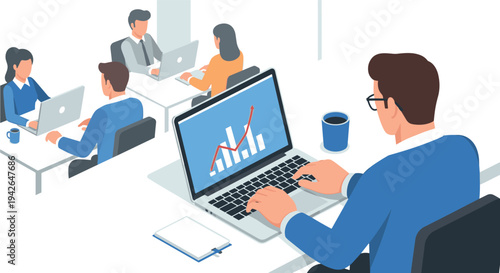 Office team analysis meeting with laptops and graphs in modern workspace