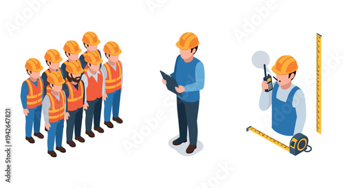 Construction team meeting and surveyor assessment in isometric design