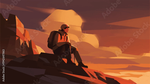 Illustration Of An Adventurer Sitting On A Hill Looking At The Vast View Below Him Vector Design Template