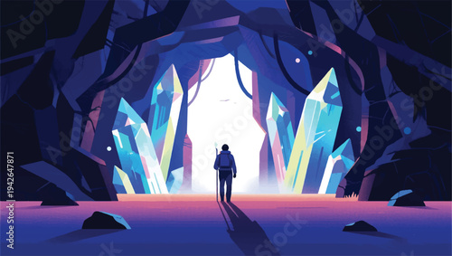 Illustration Of A Person Entering A Deep Cave Filled With Large Sparkling Crystals