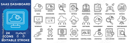 SaaS dashboard icon collection set. Containing SaaS , dashboard, analytics, metrics, monitoring, reporting, visualization. line vector black