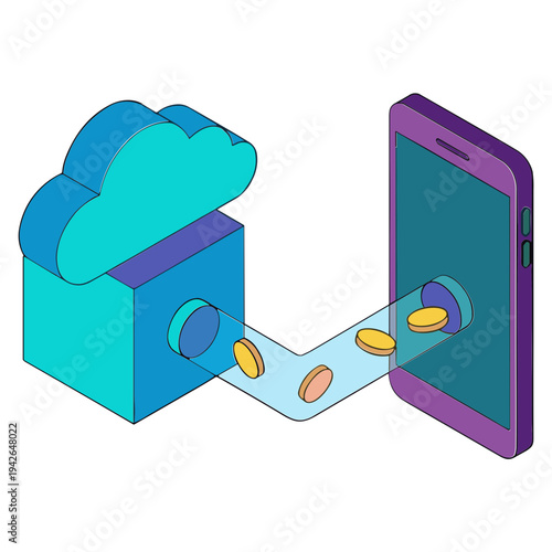Coins are being transferred from a cloud storage box to a mobile phone.