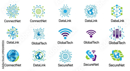 Collection of Network and Technology Logos with Global Connection Themes.