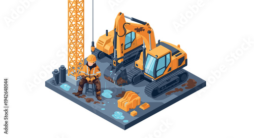 Construction site with heavy machinery and worker in isometric view