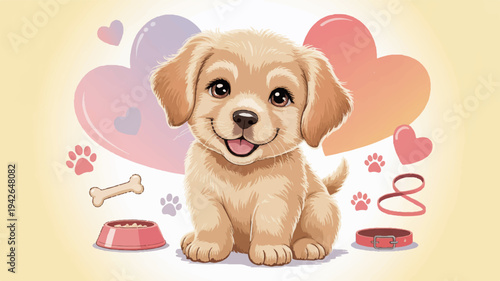 Cute golden retriever puppy sitting with food bowls and hearts