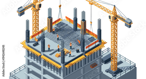 Isometric construction site with cranes and workers on building framework