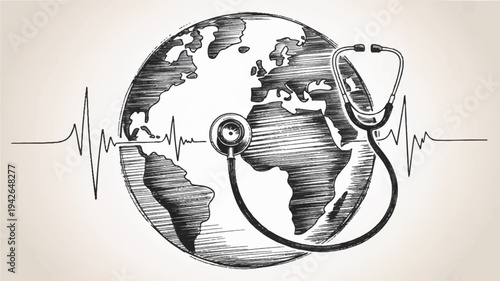Global health concept with stethoscope on world map and ecg line on beige background