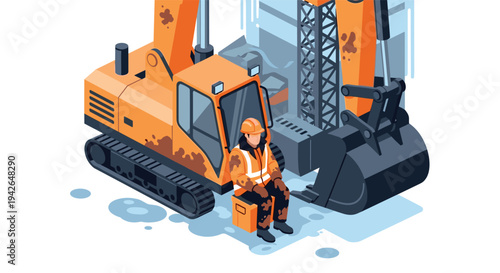 Construction worker in orange machinery overalls resting near excavator