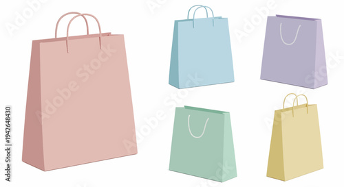 Vibrant collection of pastel-colored shopping bags with various handles, ideal for retail branding, e-commerce packaging, or gift-giving. Versatile vector illustration for modern design projects