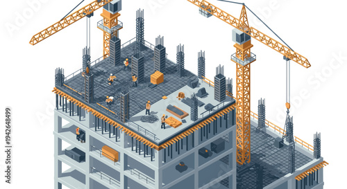 Isometric construction site with cranes and workers in action