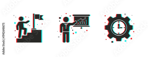 Achievement presentation and time management icons in business set with glitch. Glitch effect