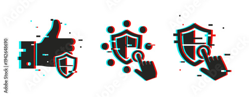 Security shield icons showing approval and interaction on white background. Glitch effect