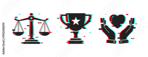 Scales trophy and hands holding heart displayed on white background. Glitch effect