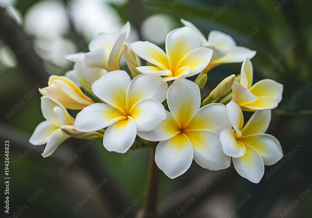 Fototapeta premium Delicate Plumeria Blossoms: Soft Light, Natural Beauty