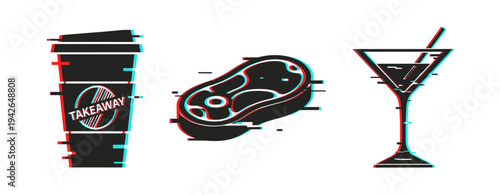 Takeaway cup steak and cocktail glass displayed on white. Glitch effect