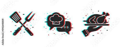 Kitchen utensils and chef symbols displayed on white background. Glitch effect