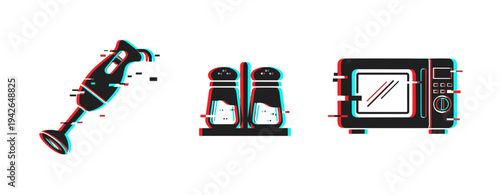 Kitchen appliances including immersion blender salt shakers and microwave. Glitch effect